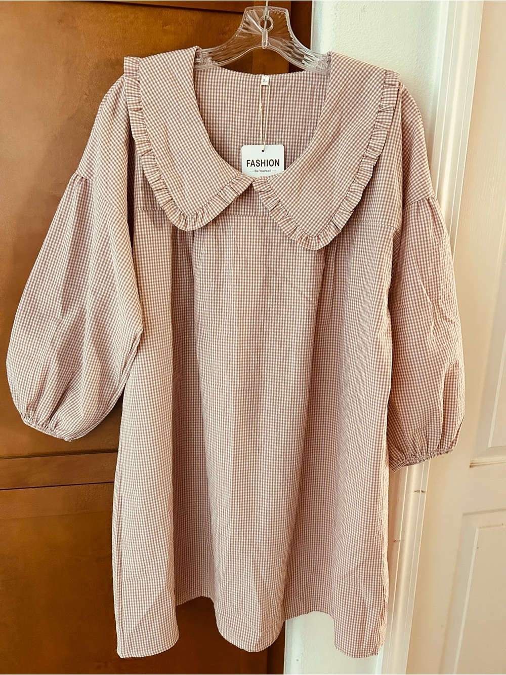 SL Fashions Pink Gingham Ruffled Peter Pan Collar Tunic
